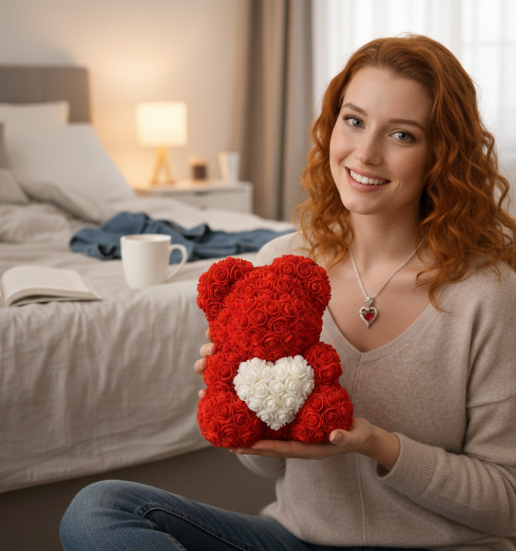 Osito Flores Eternas + Joya Colgante de Corazón (Incluye Nota de Amor)